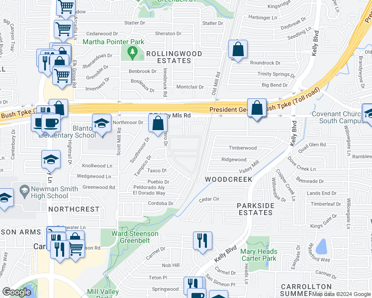 map of restaurants, bars, coffee shops, grocery stores, and more near 2428 Guerrero Drive in Carrollton