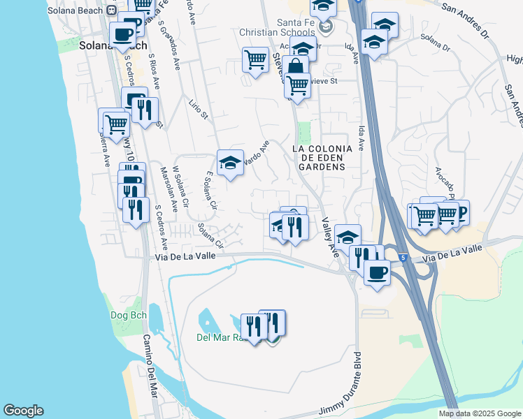 map of restaurants, bars, coffee shops, grocery stores, and more near 864 Del Mar Downs Road in Solana Beach