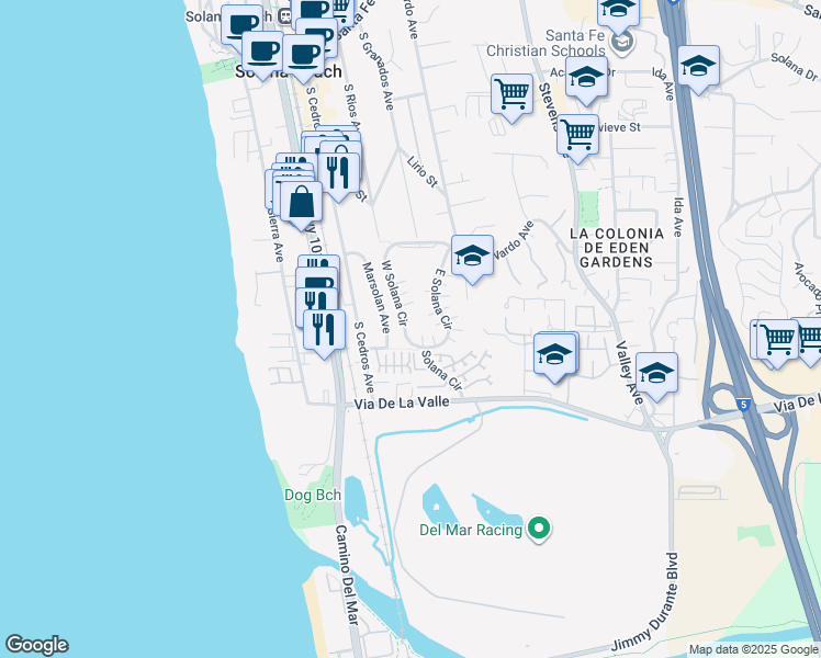 map of restaurants, bars, coffee shops, grocery stores, and more near 770 West Solana Circle in Solana Beach
