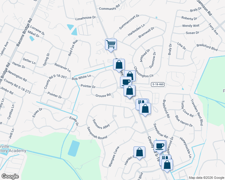 map of restaurants, bars, coffee shops, grocery stores, and more near 407 Grouse Road in Summerville