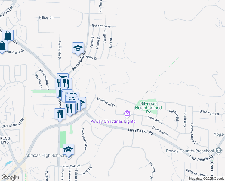 map of restaurants, bars, coffee shops, grocery stores, and more near 12625 Sagecrest Drive in Poway