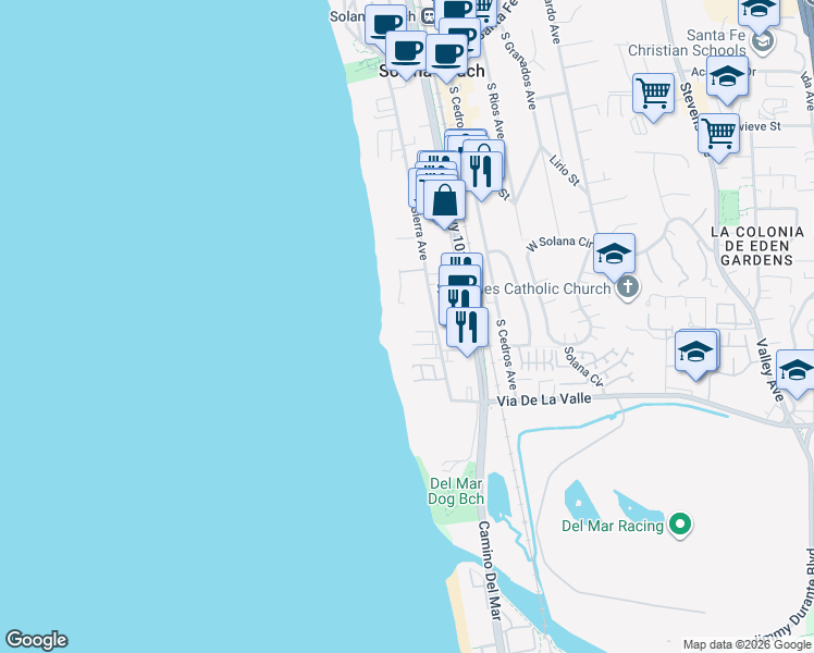 map of restaurants, bars, coffee shops, grocery stores, and more near 707 South Sierra Avenue in Solana Beach