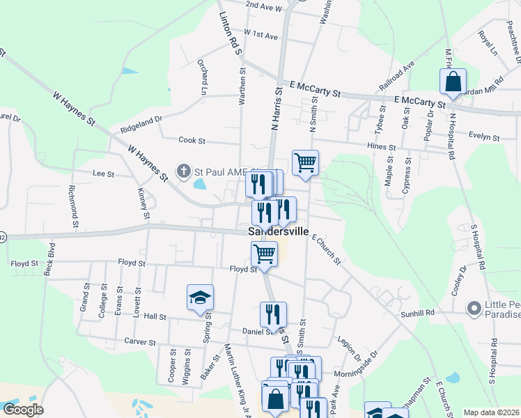 map of restaurants, bars, coffee shops, grocery stores, and more near 117 West Church Street in Sandersville