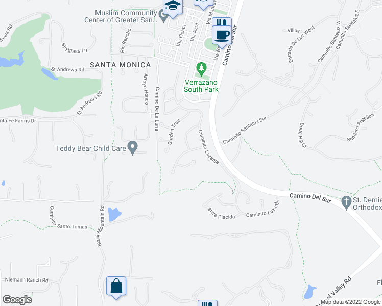 map of restaurants, bars, coffee shops, grocery stores, and more near 7971 Entrada Lazanja in San Diego