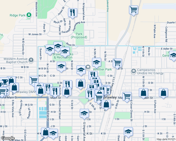 map of restaurants, bars, coffee shops, grocery stores, and more near 480 North Imperial Avenue in Brawley