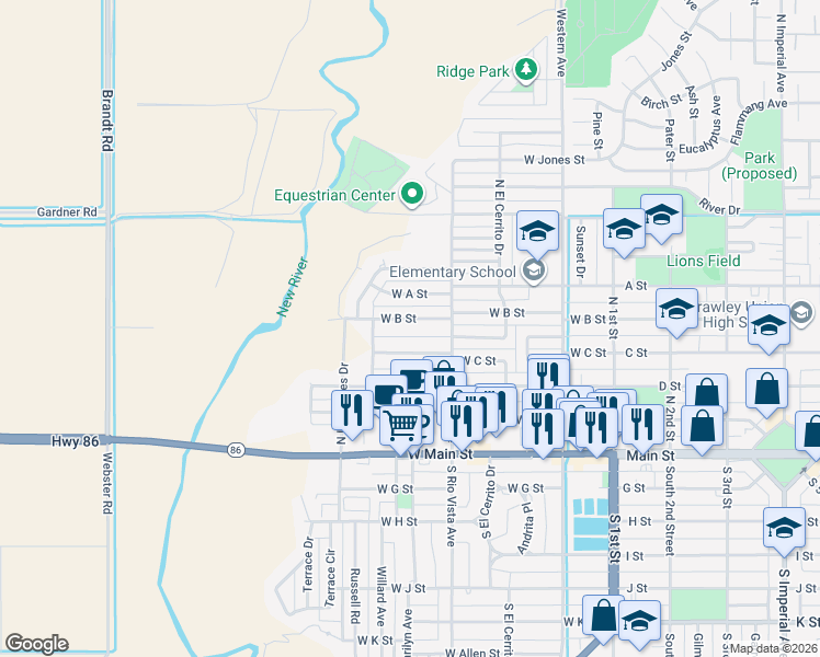 map of restaurants, bars, coffee shops, grocery stores, and more near 451 W B St in Brawley