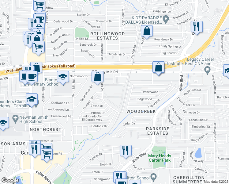 map of restaurants, bars, coffee shops, grocery stores, and more near 2500 Guerrero Drive in Carrollton