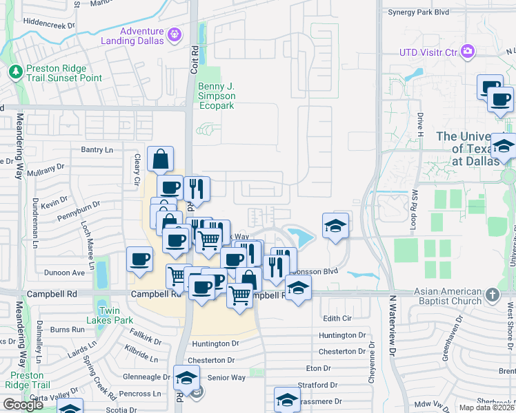 map of restaurants, bars, coffee shops, grocery stores, and more near 8047 Copper Way in Dallas