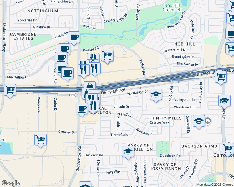 map of restaurants, bars, coffee shops, grocery stores, and more near 1405 Northridge Drive in Carrollton