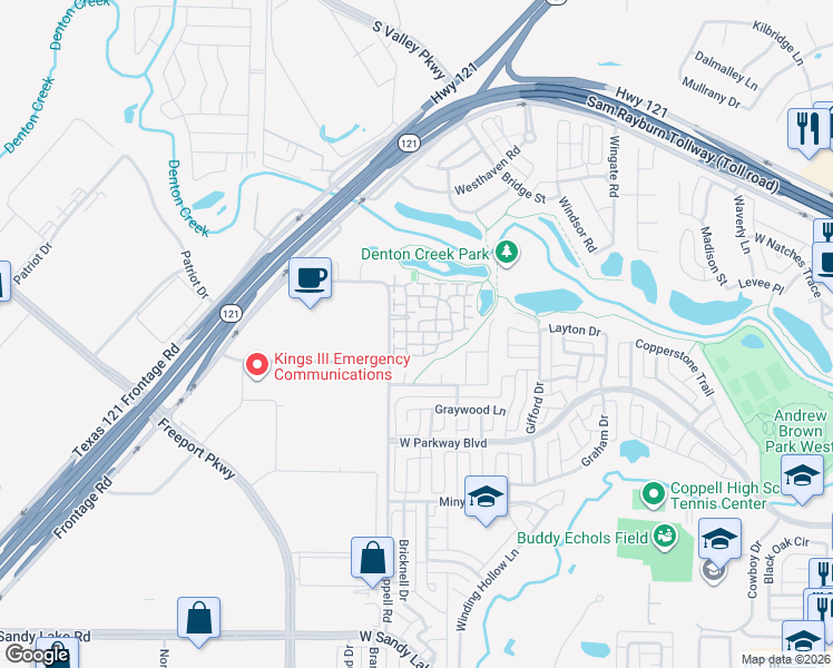 map of restaurants, bars, coffee shops, grocery stores, and more near 620 North Coppell Road in Coppell