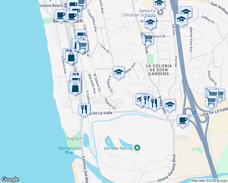 map of restaurants, bars, coffee shops, grocery stores, and more near 744 East Solana Circle in Solana Beach