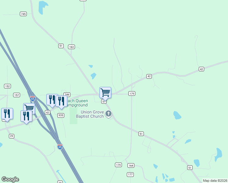 map of restaurants, bars, coffee shops, grocery stores, and more near 13343 County Road 42 in Jemison