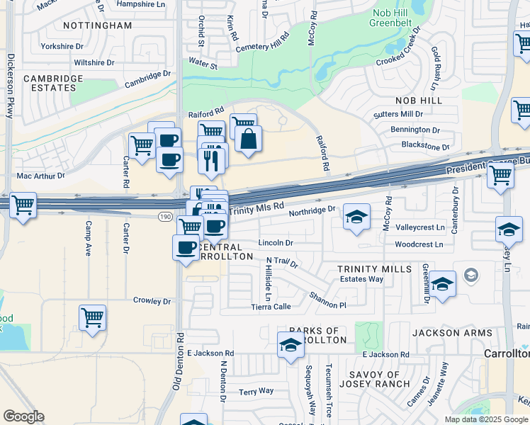 map of restaurants, bars, coffee shops, grocery stores, and more near 1405 Northridge Drive in Carrollton
