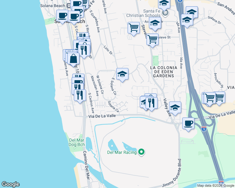 map of restaurants, bars, coffee shops, grocery stores, and more near 744 East Solana Circle in Solana Beach