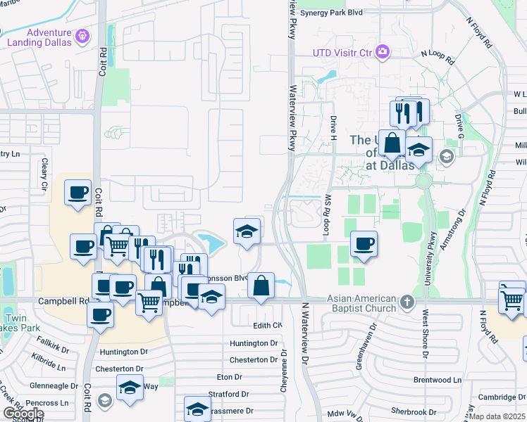 map of restaurants, bars, coffee shops, grocery stores, and more near 1110 Cullum Street in Richardson
