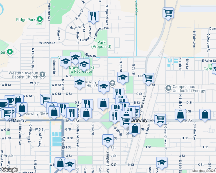 map of restaurants, bars, coffee shops, grocery stores, and more near 480 North Imperial Avenue in Brawley