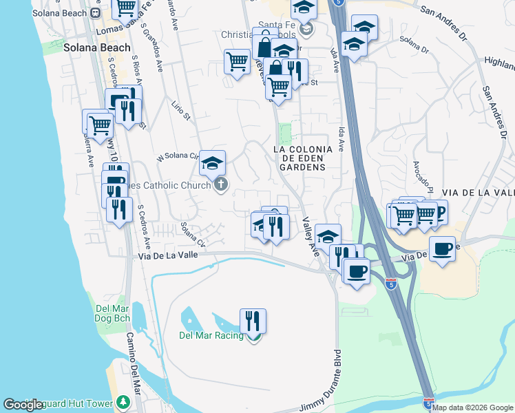 map of restaurants, bars, coffee shops, grocery stores, and more near 508 Turfwood Lane in Solana Beach