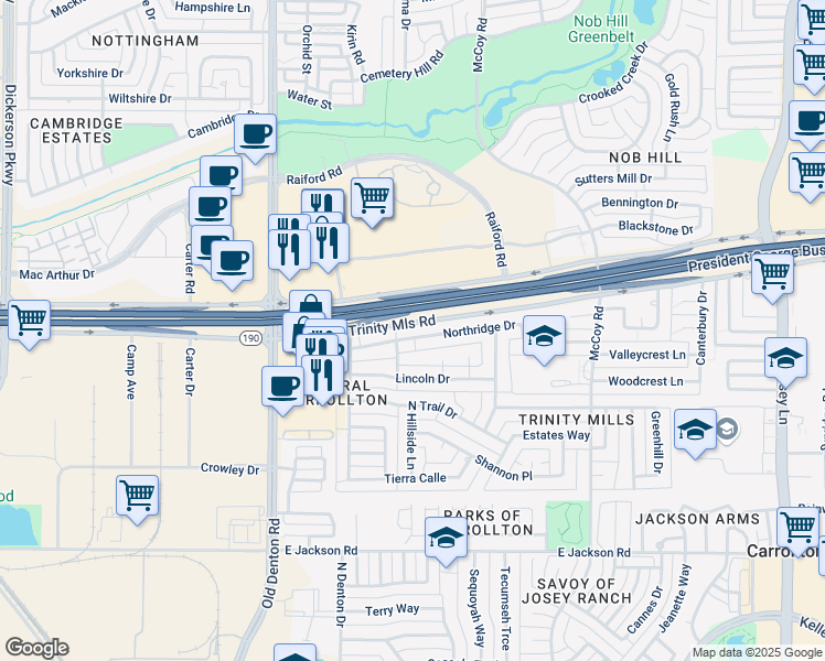 map of restaurants, bars, coffee shops, grocery stores, and more near 1405 Northridge Drive in Carrollton