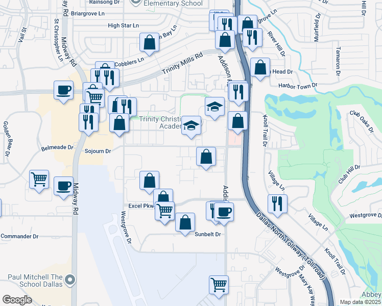 map of restaurants, bars, coffee shops, grocery stores, and more near 4500 Sojourn Drive in Addison