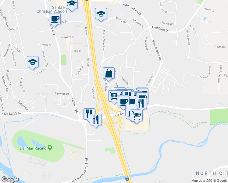 map of restaurants, bars, coffee shops, grocery stores, and more near 1043 Reliance Way in Del Mar
