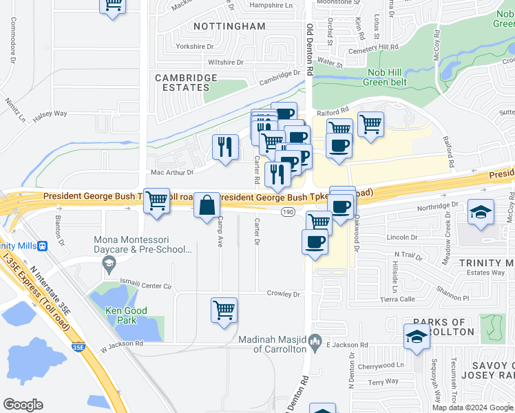 map of restaurants, bars, coffee shops, grocery stores, and more near President George Bush Turnpike in Carrollton
