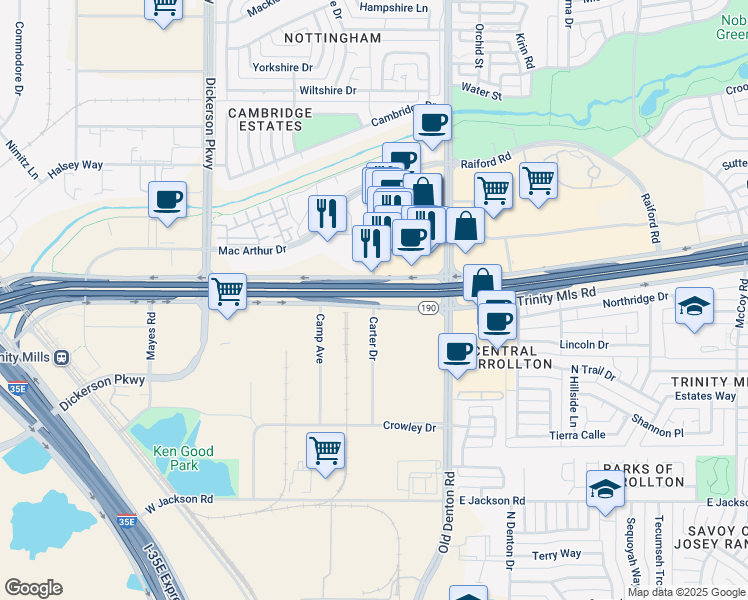 map of restaurants, bars, coffee shops, grocery stores, and more near 1100 West Trinity Mills Road in Carrollton