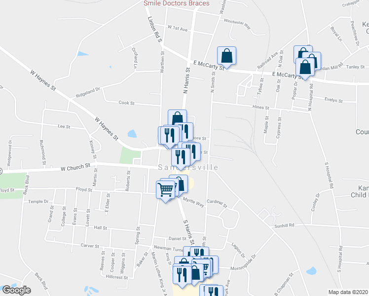 map of restaurants, bars, coffee shops, grocery stores, and more near 111 East Haynes Street in Sandersville
