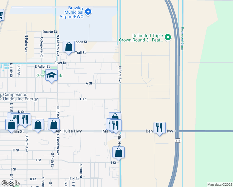 map of restaurants, bars, coffee shops, grocery stores, and more near 451 Best Road in Brawley