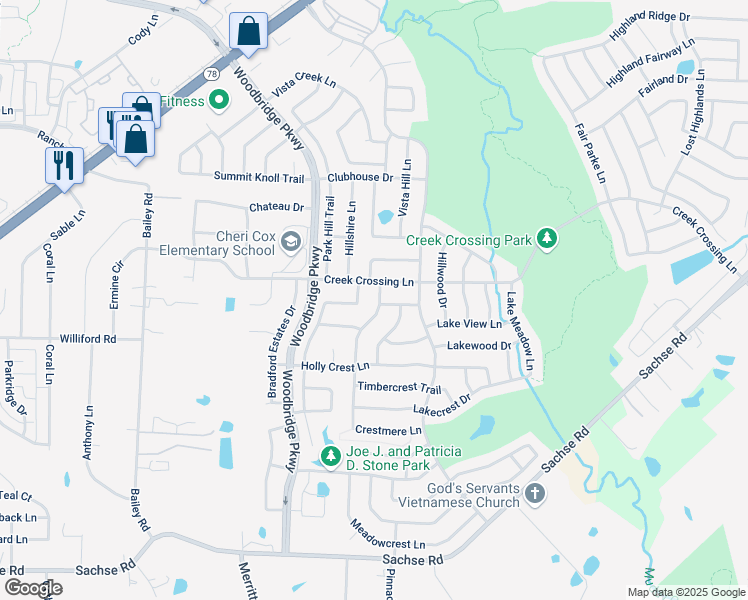 map of restaurants, bars, coffee shops, grocery stores, and more near 6914 Falcon Crest Lane in Sachse