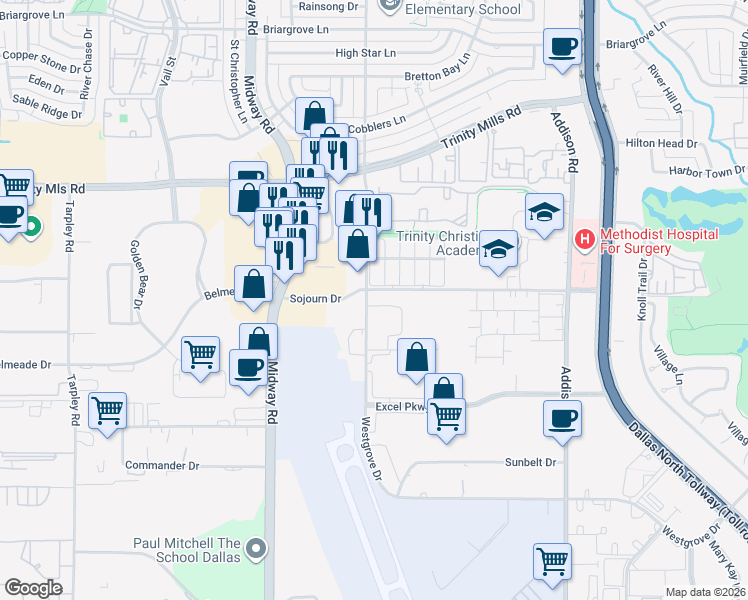 map of restaurants, bars, coffee shops, grocery stores, and more near 17000 Westgrove Drive in Addison