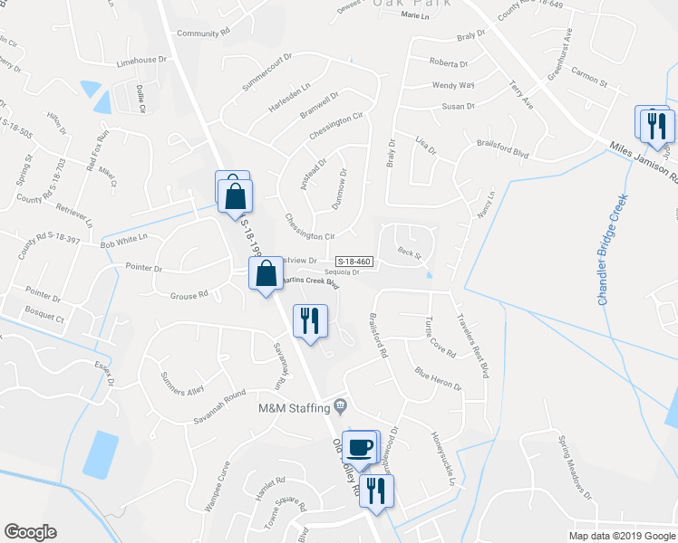 map of restaurants, bars, coffee shops, grocery stores, and more near 121 Sequoia Drive in Summerville