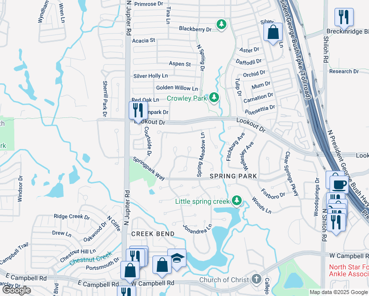 map of restaurants, bars, coffee shops, grocery stores, and more near 7514 Vista Ridge Court in Garland