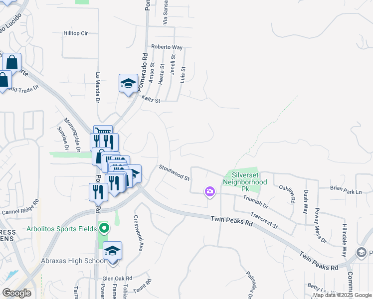 map of restaurants, bars, coffee shops, grocery stores, and more near 12625 Sagecrest Drive in Poway