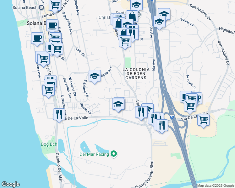 map of restaurants, bars, coffee shops, grocery stores, and more near 469 Bay Meadows Way in Solana Beach