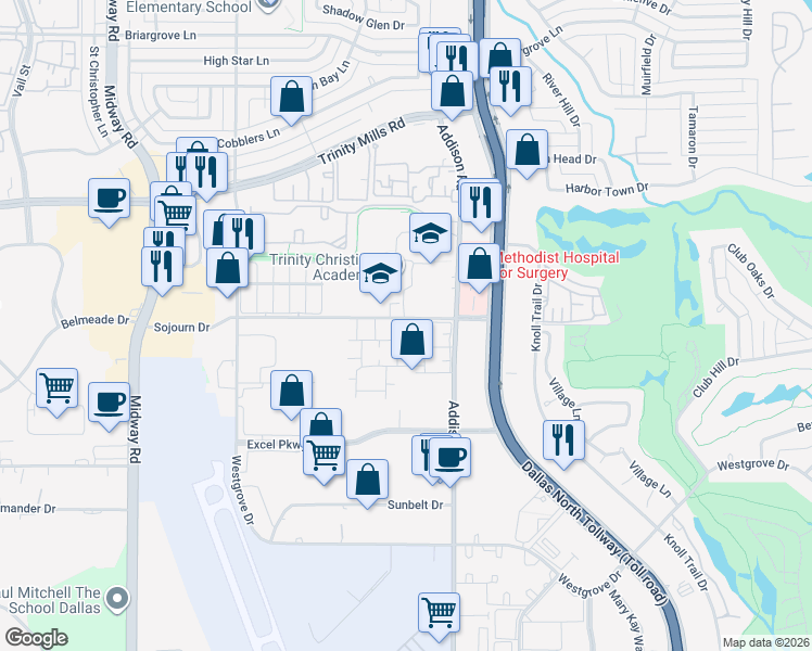 map of restaurants, bars, coffee shops, grocery stores, and more near 2 Sojourn Drive in Addison