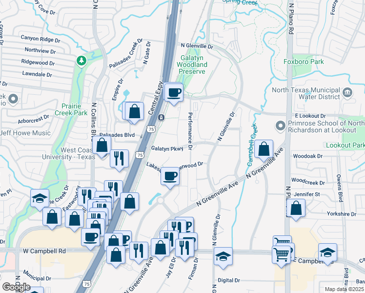 map of restaurants, bars, coffee shops, grocery stores, and more near Galatyn Parkway in Richardson