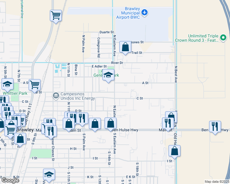 map of restaurants, bars, coffee shops, grocery stores, and more near 1401 B Street in Brawley