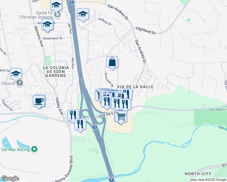 map of restaurants, bars, coffee shops, grocery stores, and more near 877 Avocado Place in Del Mar