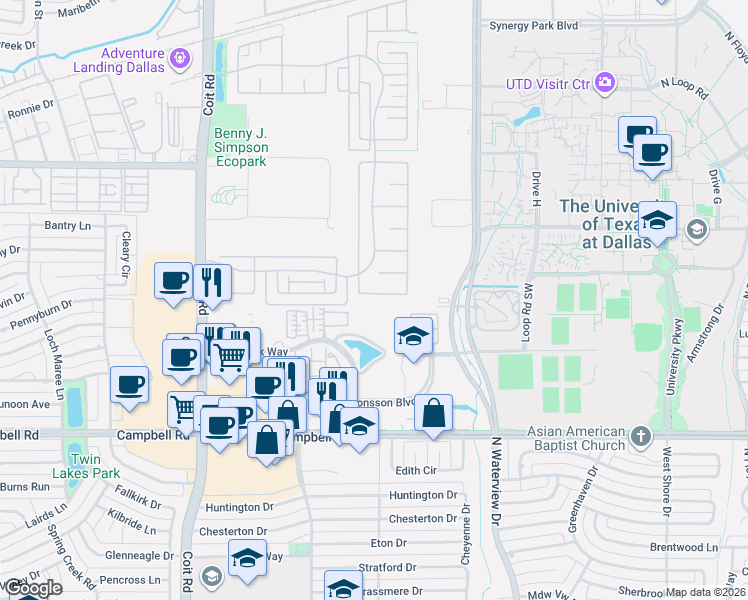 map of restaurants, bars, coffee shops, grocery stores, and more near 1198 Cullum Street in Richardson