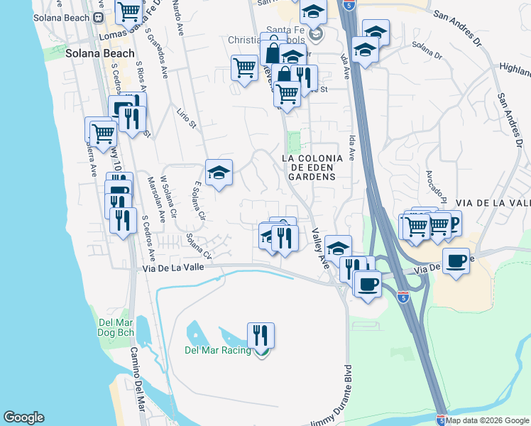 map of restaurants, bars, coffee shops, grocery stores, and more near 514 Turfwood Lane in Solana Beach