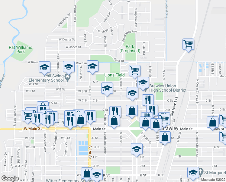 map of restaurants, bars, coffee shops, grocery stores, and more near 213 B Street in Brawley