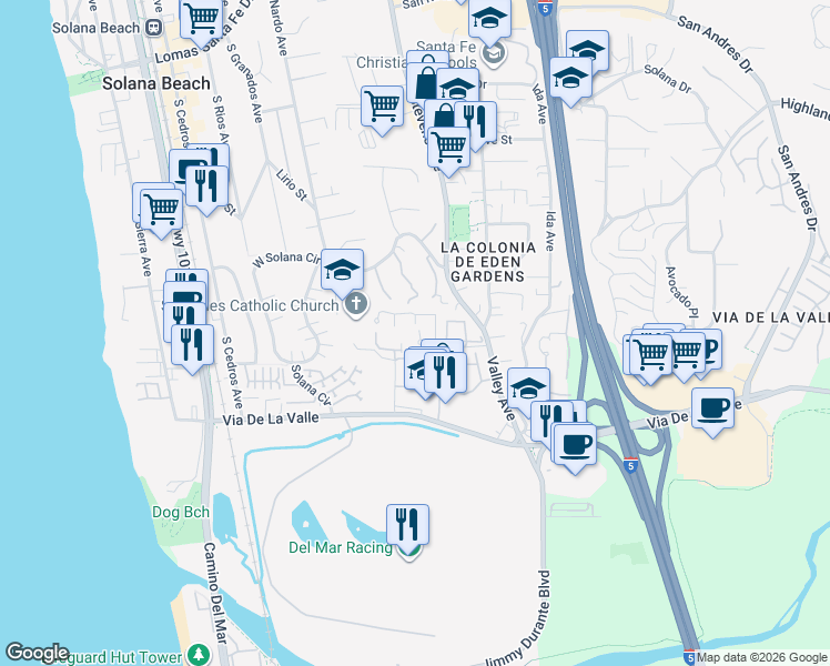 map of restaurants, bars, coffee shops, grocery stores, and more near 514 Turfwood Lane in Solana Beach