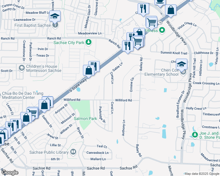 map of restaurants, bars, coffee shops, grocery stores, and more near 6902 Coral Lane in Sachse