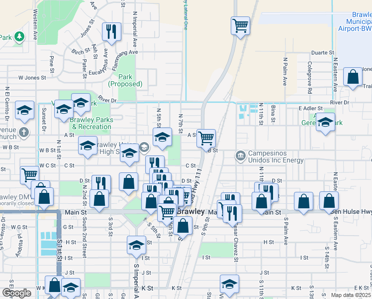 map of restaurants, bars, coffee shops, grocery stores, and more near 753 B Street in Brawley