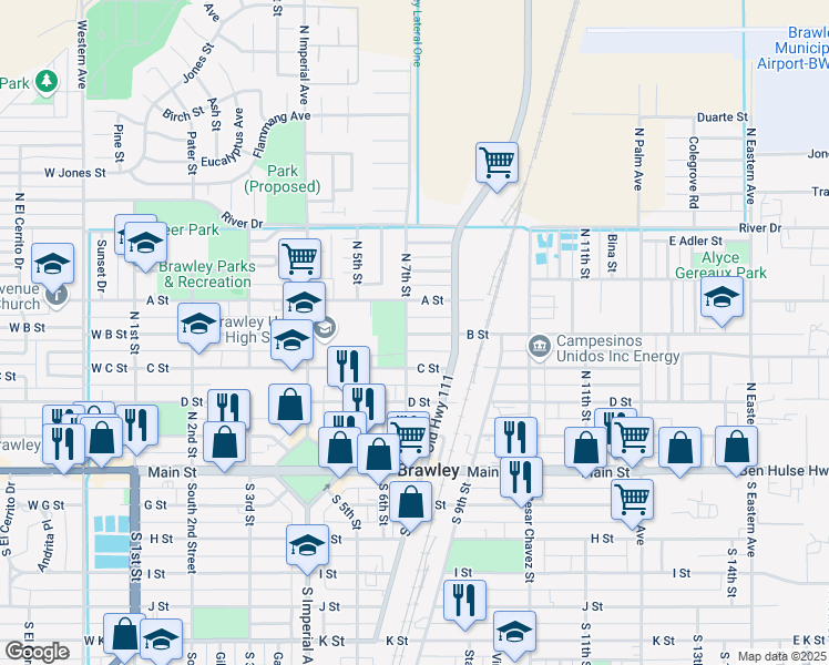 map of restaurants, bars, coffee shops, grocery stores, and more near 701 B Street in Brawley