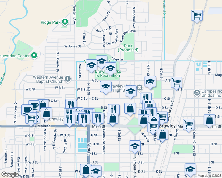 map of restaurants, bars, coffee shops, grocery stores, and more near 213 B Street in Brawley
