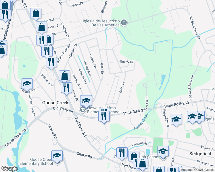 map of restaurants, bars, coffee shops, grocery stores, and more near 177 Giles Drive in Goose Creek