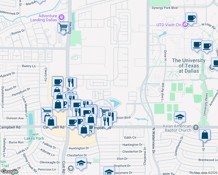 map of restaurants, bars, coffee shops, grocery stores, and more near 8120 Copper Way in Dallas
