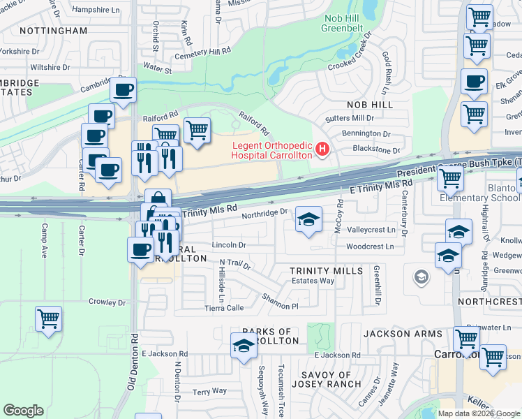 map of restaurants, bars, coffee shops, grocery stores, and more near 1429 Northridge Drive in Carrollton