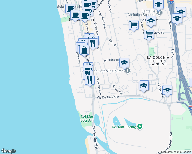 map of restaurants, bars, coffee shops, grocery stores, and more near 721 South Cedros Avenue in Solana Beach